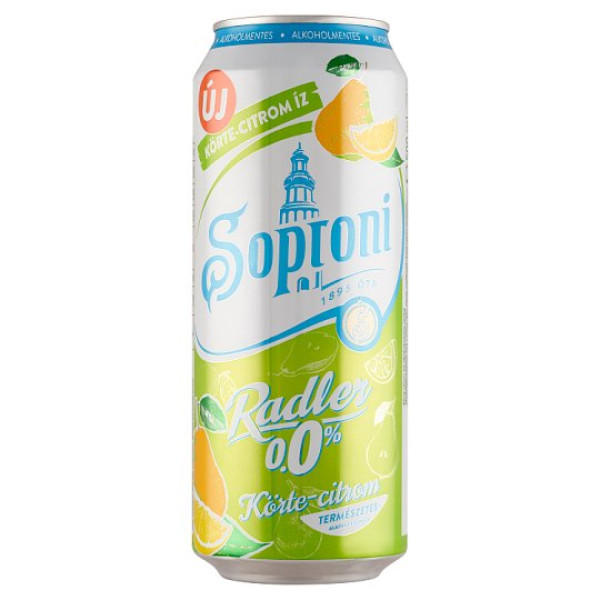 Afbeeling Soproni Radler peer-citroen smaak alcoholvrij bier 0.5L