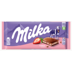 Milka chocoladereep met aardbeien-creme vulling 100g