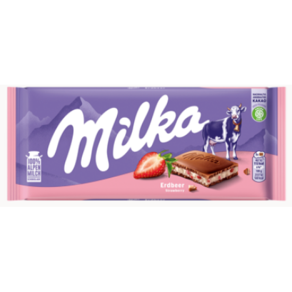 Afbeeling Milka chocoladereep met aardbeien-creme vulling 100g